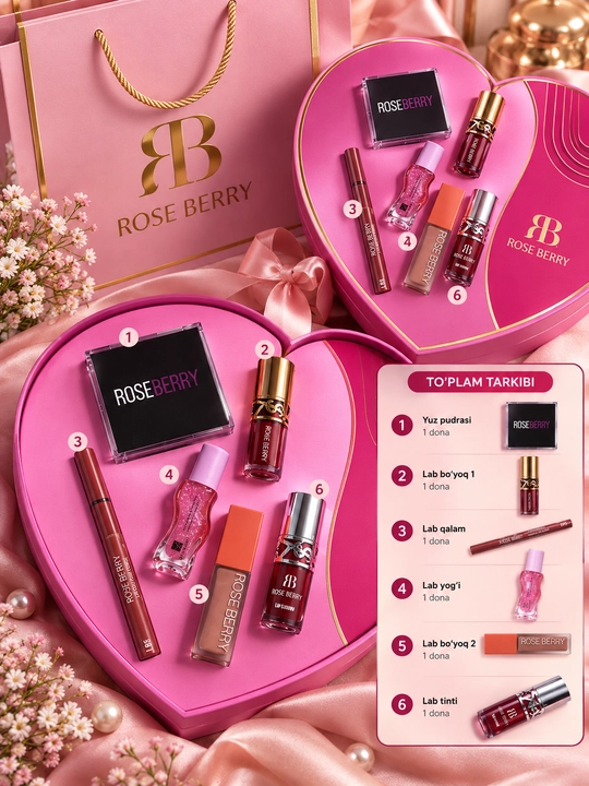 Rose Berry kosmetika to‘plami, 6 in 1 lab bo‘yog‘i va blesk nabori, yurak shaklida sovg‘a - 