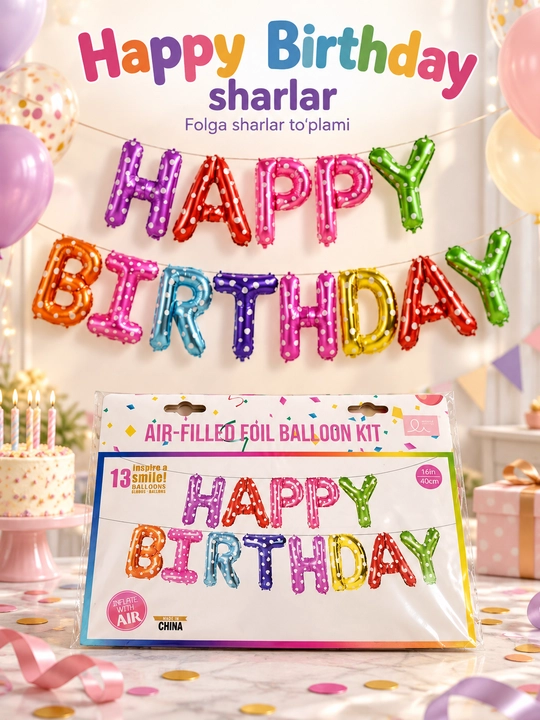 "Heppy brithday" yozuvi, folgali sharsimon, pardaga darvozaga va havoga ilish uchun - 