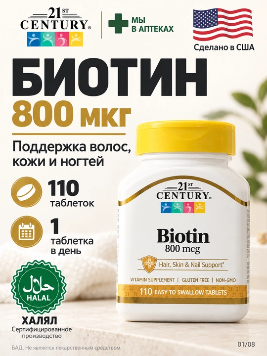 21st Century, Biotin, 110 dona oson yutiladigan tabletka - 