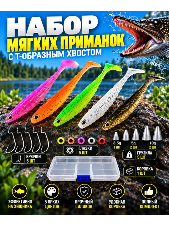 Набор силиконовых приманок 5 шт с крючками, грузилами и глазками - 