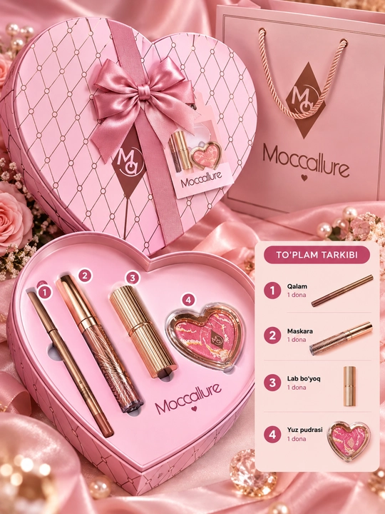 Moccallure Pink Talk kosmetika to‘plami, 4 si 1 da makiyaj nabori, yurak shaklida sovg‘a - 