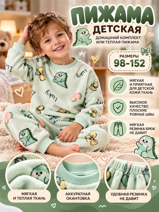 Детская пижама, домашний плюшевый комплект - 