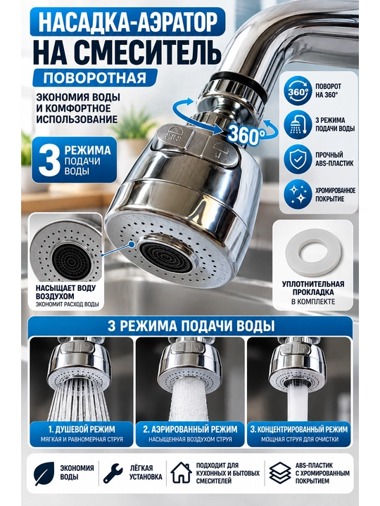 Kran uchun aylanuvchi aerator nasadka, 360°, 3 xil suv rejimi, xrom - 