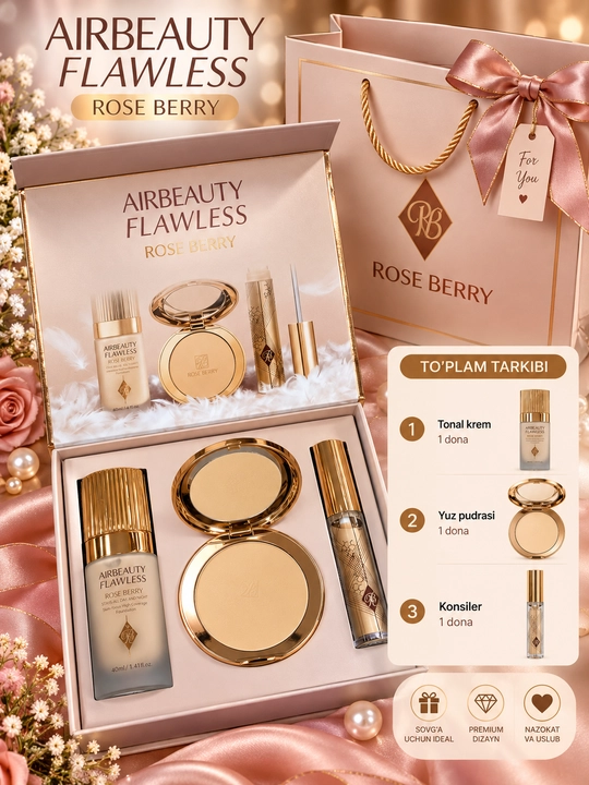 Rose Berry Airbeauty Flawless kosmetika to‘plami 3 in 1, tonal krem, pudra konsiler nabori - 