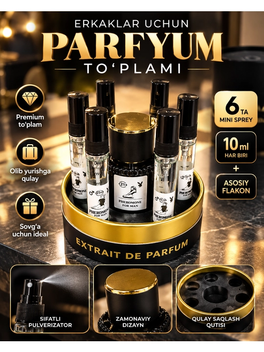 Feramon erkaklar uchun atir to‘plami - 1ta asosiy flakon (30ml) va 6ta mini sprey (10ml)