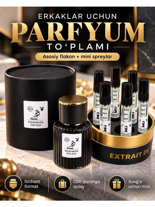 Feramon erkaklar uchun atir to‘plami - 1ta asosiy flakon (30ml) va 6ta mini sprey (10ml) - 