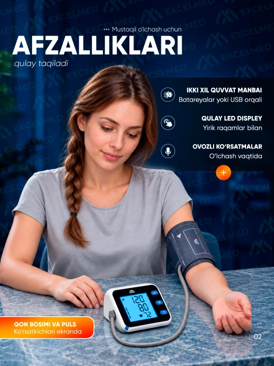 Elektron tonometr XM-METER, model: BP-201, o'zbek va rus tilida ovozli natijani bildirish