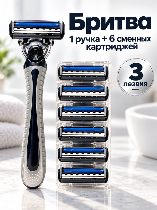 Мужской бритвенный набор: станок и 6 сменных кассет (2 лезвия) - 