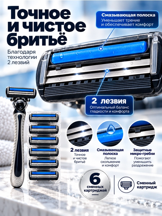 Мужской бритвенный набор: станок и 6 сменных кассет (2 лезвия)