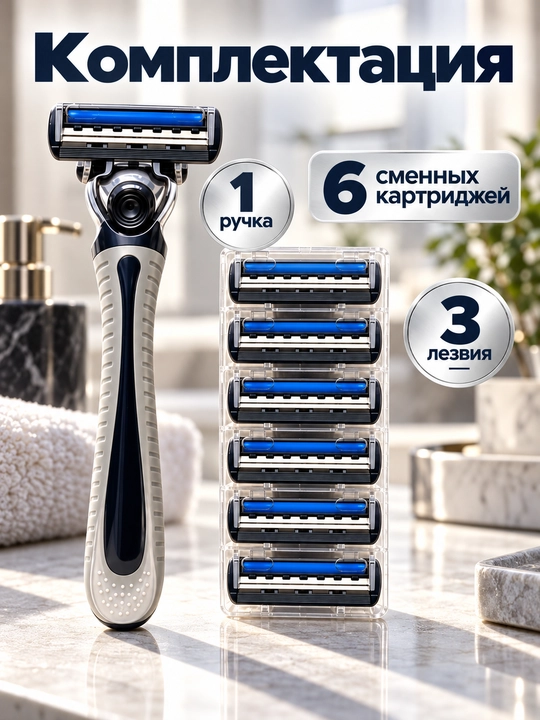 Мужской бритвенный набор: станок и 6 сменных кассет (2 лезвия)