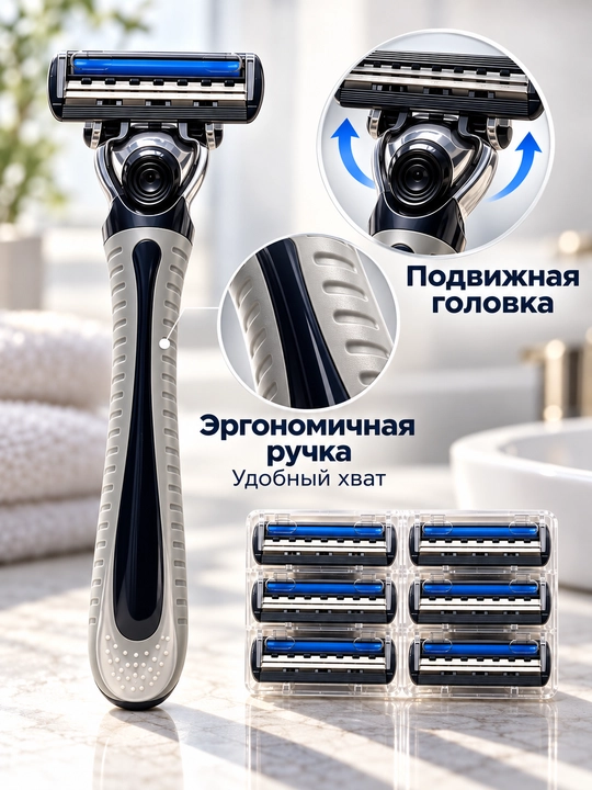 Мужской бритвенный набор: станок и 6 сменных кассет (2 лезвия)