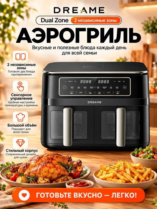 Aerogril Dreame DZ30 Black 5.5L+5.5L, ikkita savatli, 11-in-1, pishirish, kafolatli - 