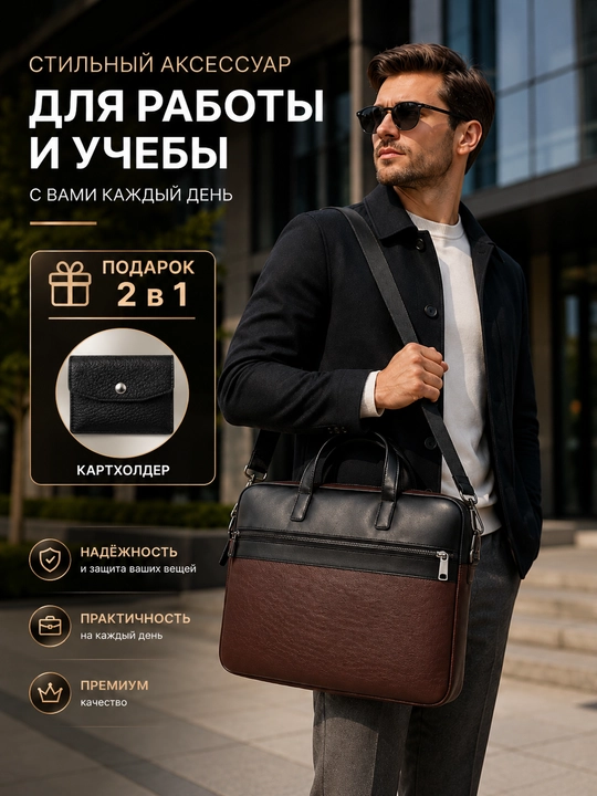 Сумка для ноутбука 15.6" 16" 17" универсальная, экокожа, для работы, учебы и для документов