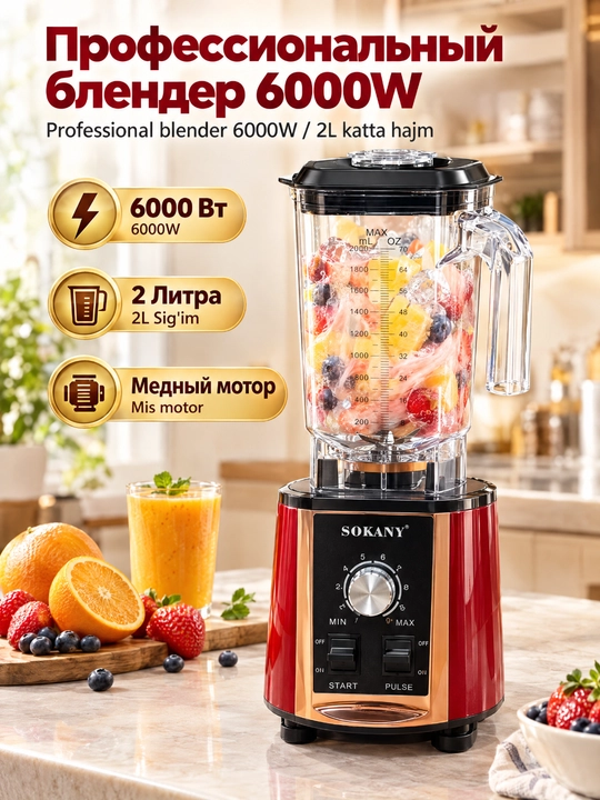Профессиональный блендер Sokany SK-01025, 6000 Вт, объем 2 л, медный мотор - 