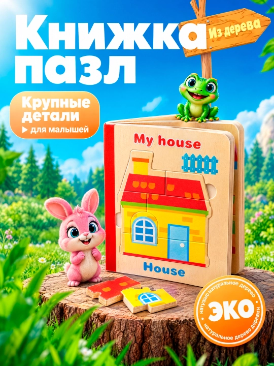 Yog‘och pazl kitob bolalar uchun, rivojlantiruvchi o‘yinchoq, Montessori, 6 ta pazl