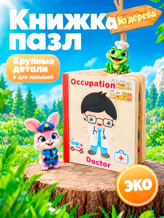 Yog‘och pazl kitob bolalar uchun, rivojlantiruvchi o‘yinchoq, Montessori, 6 ta pazl