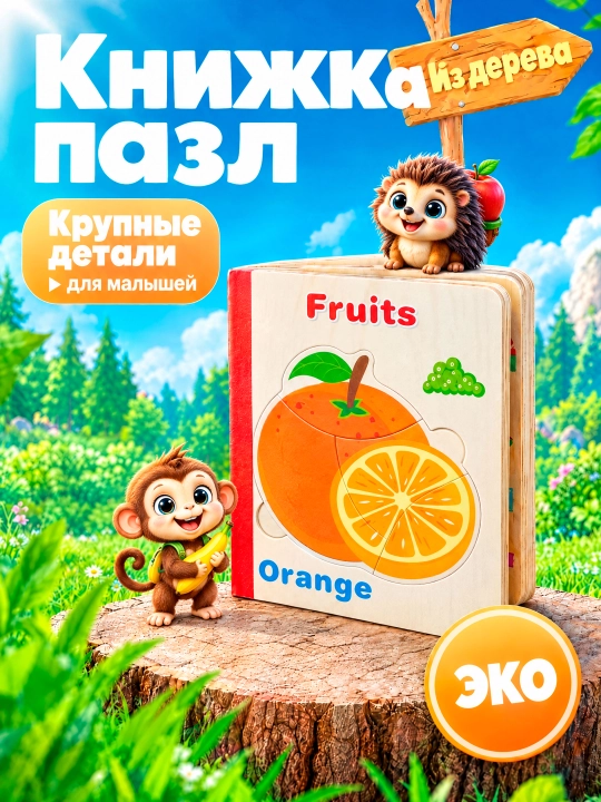Yog‘och pazl kitob bolalar uchun, rivojlantiruvchi o‘yinchoq, Montessori, 6 ta pazl