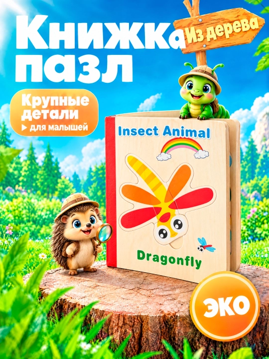 Yog‘och pazl kitob bolalar uchun, rivojlantiruvchi o‘yinchoq, Montessori, 6 ta pazl