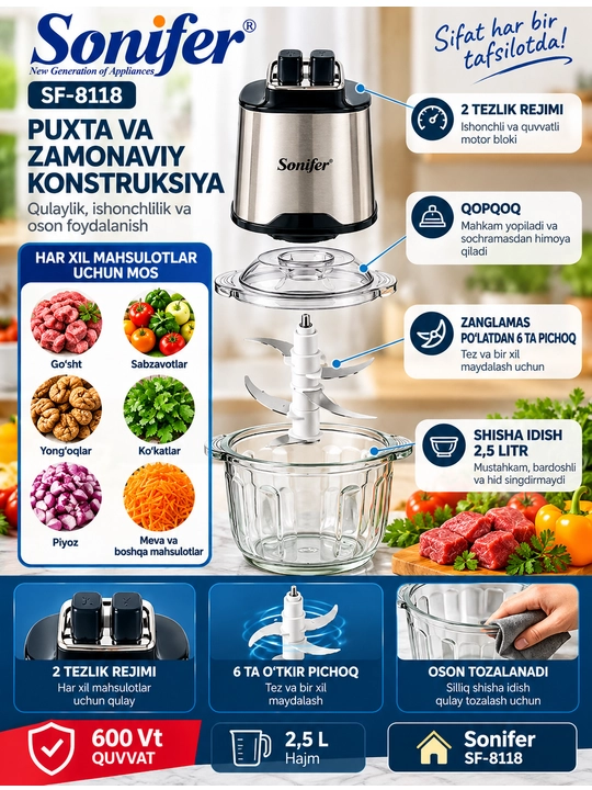 Sonifer SF-8118 elektr maydalagichi chopper