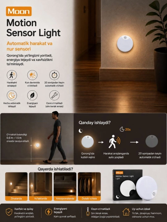 Светильник LED Moon с датчиком движения, магнитный, USB Type-C, 8 см, ночник - 