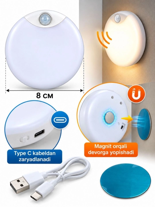 LED chiroq Harakat sensori bilan, magnitli, USB Type-C, tungi yoritgich