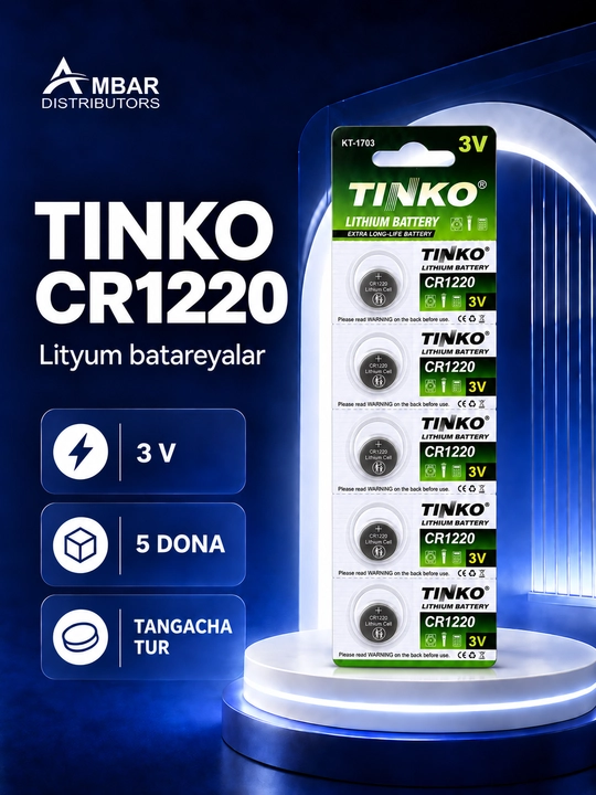 TINKO CR1220 lityum batareyalar, 3V, soat va pultlar uchun, 5 dona - 