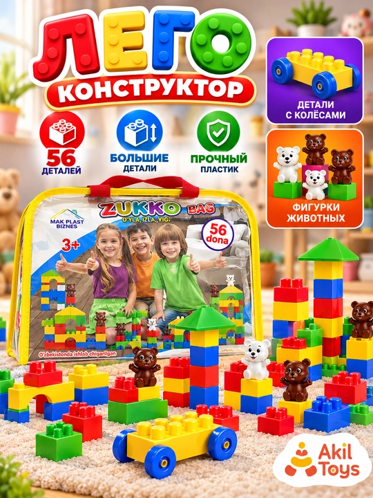 Конструктор для детей, 56 крупных деталей, машинки и фигурки животных - 