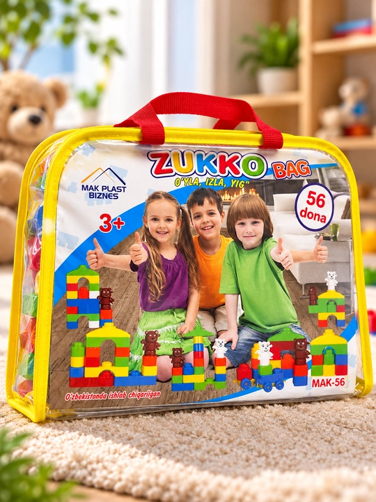 Конструктор для детей, 56 крупных деталей, машинки и фигурки животных