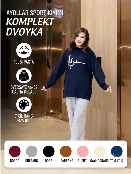 Ayollar uchun sport dvoykasi kapyushonli hudi va shim oversize uslub 46–52 gach standart