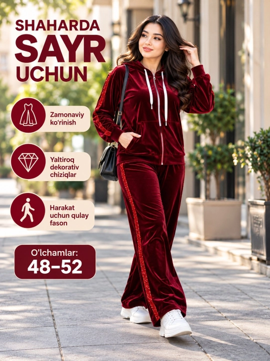 Ayollar velyur kostyumi, 48-52 o'lchamlar