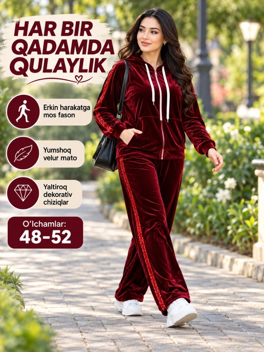Ayollar velyur kostyumi, 48-52 o'lchamlar