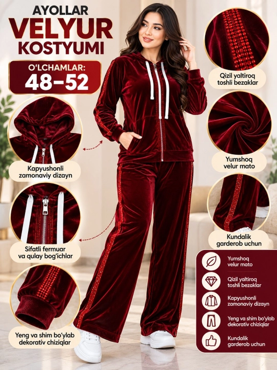 Ayollar velyur kostyumi, 48-52 o'lchamlar