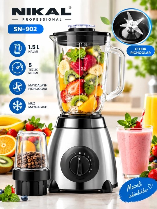 Blender SN-902 1,5 litr, 5 tezlikli, maydalagichli - 