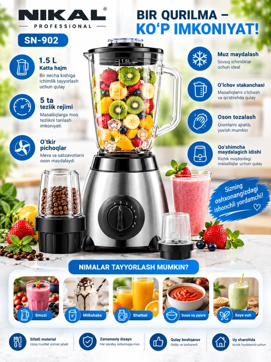 Блендер SN-902 1,5 л, 5 скоростей, с измельчителем
