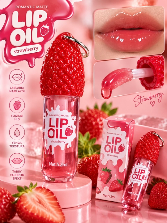 Strawberry Lip Oil lab bo‘yog‘i, qulupnayli lab yog‘i, namlovchi blesk, yaltiroq, 5.2 ml - 