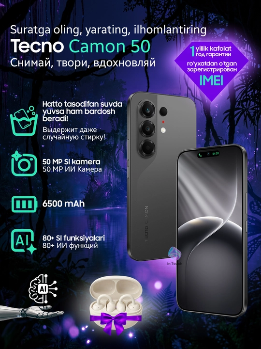 Tecno Camon 50 va 50 Pro kamerali smartfoni, 8/256 GB, AMOLED 144 Hz
