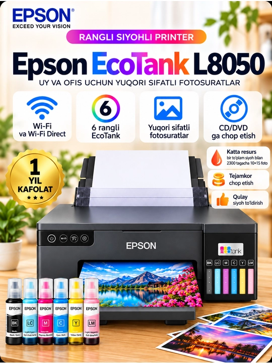 Printer EPSON L8050/L8100 EcoTank rangli, Wi-Fi, 1 yillik kafolat - 