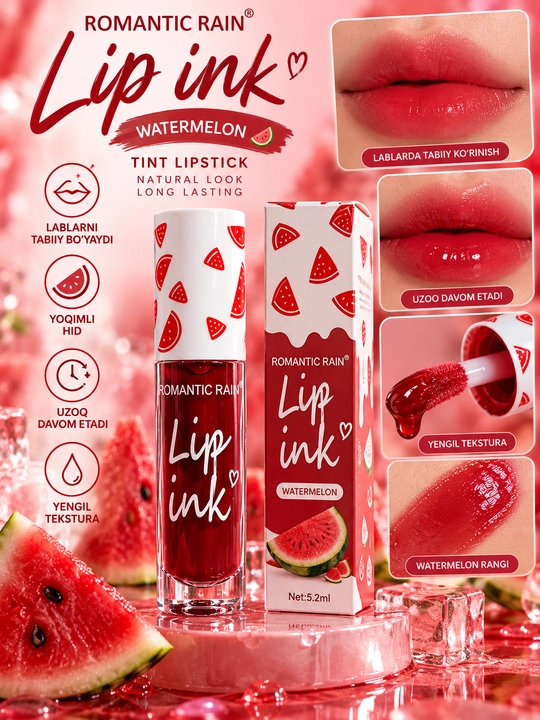 Romantic Rain Lip Ink, lab uchun suyuq pomada, qizil tint, yorqin rangli lab bo‘yog‘i