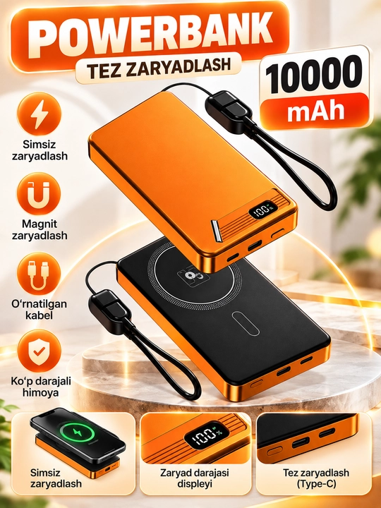 Powerbank 10000 mAh, simsiz va magnitli zaryadlash, o‘rnatilgan kabel - 