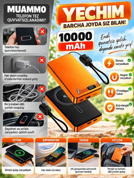 Повербанк 10000 мАч, беспроводная и магнитная зарядка, встроенный кабель