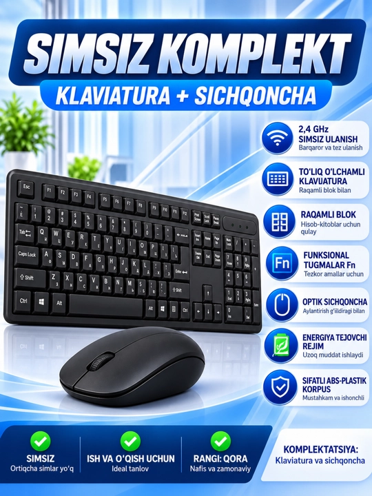 C20 COMBO simsiz klaviatura va sichqoncha to‘plami qora, raqamli blokli, ofis uchun - 