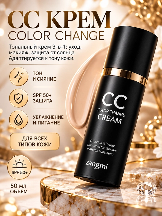 CC крем лица Zangmi CC Color Change Cream, подстраивающийся под тон кожи SPF 50+, 50 мл - 