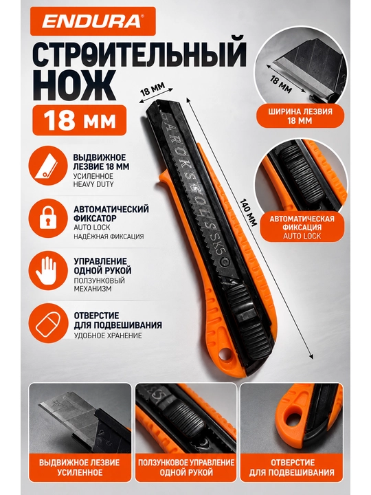 ENDURA qurilish pichog‘i, 18 mm, kuchaytirilgan surilma tig‘li, avtomatik mahkamlash imkoniyatiga ega - 