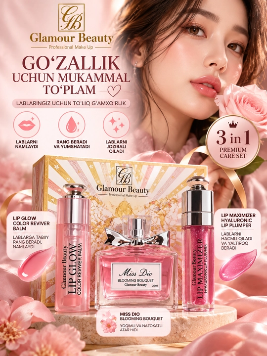 Glamour Beauty 3 tasi 1 da sovg‘alik nabor, ayollar atiri, lab bleski va balzam to‘plami