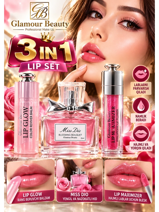 Glamour Beauty 3 tasi 1 da sovg‘alik nabor, ayollar atiri, lab bleski va balzam to‘plami - 
