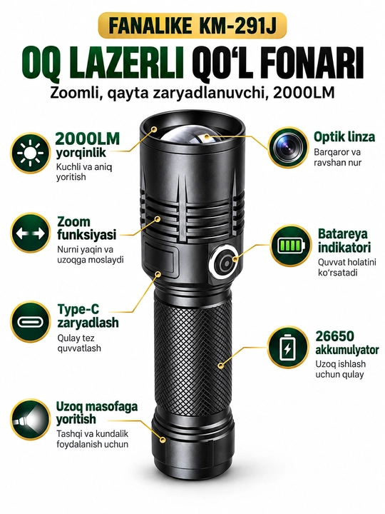Фонарь ручной FANALIKE KM-291J, белый лазер, 2000лм, зум, USB Type-C, аккумуляторный 26650 - 