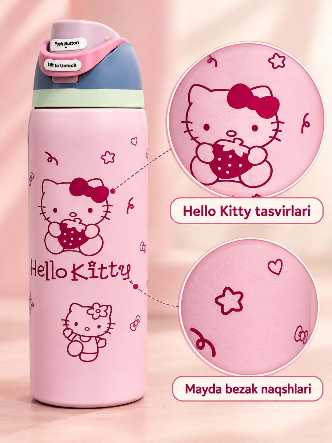 Termos 950 ml, tugmali qulflanadigan qopqoqli, rangli dizayn