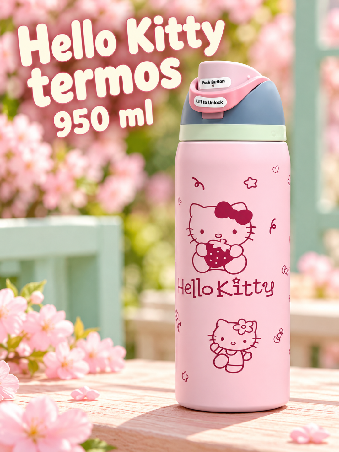 Termos 950 ml, tugmali qulflanadigan qopqoqli, rangli dizayn - 