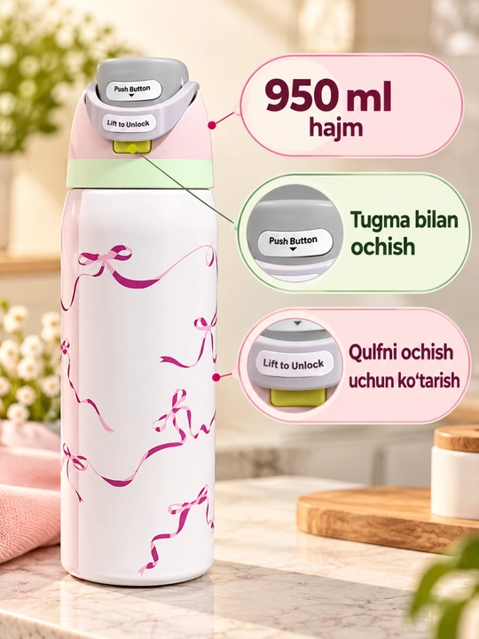 Termos 950 ml, tugmali qulflanadigan qopqoqli, rangli dizayn