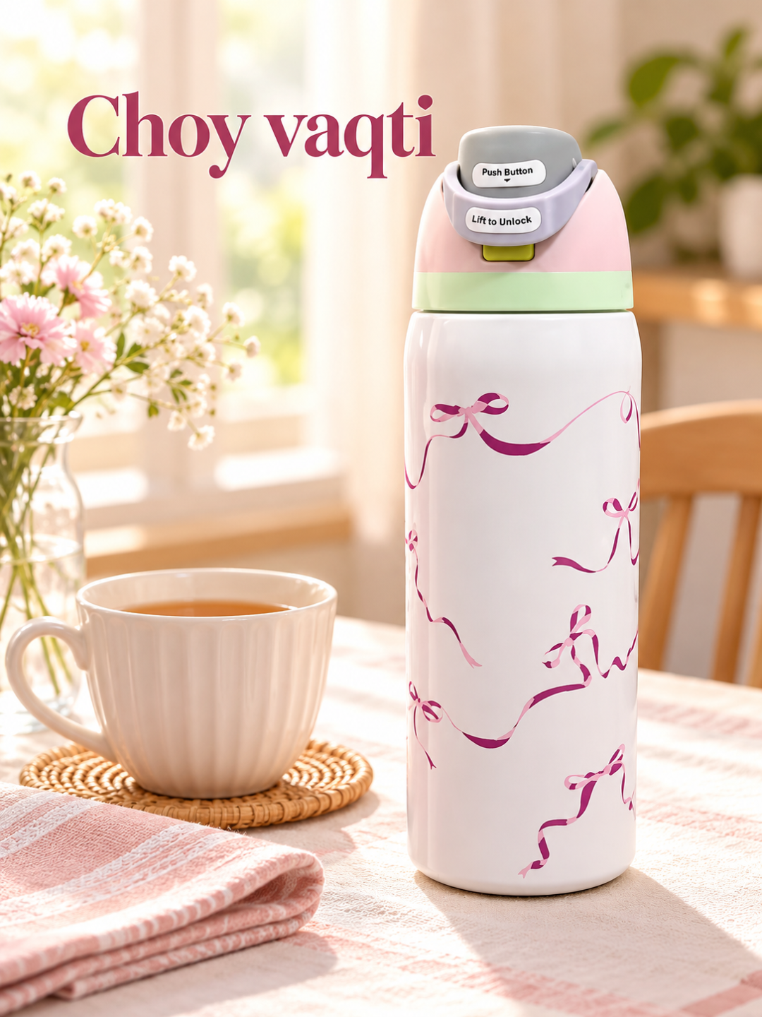 Termos 950 ml, tugmali qulflanadigan qopqoqli, rangli dizayn